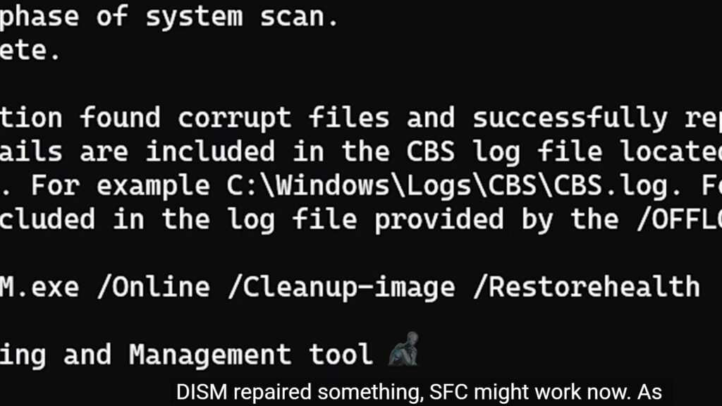 Command Prompt window running DISM restore health and cleanup image process with CBS logs referenced during malware removal and system repair
