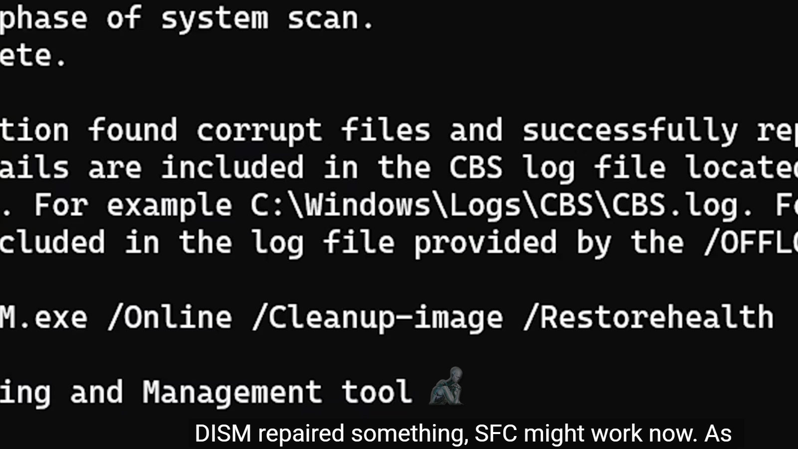 Command Prompt window running DISM restore health and cleanup image process with CBS logs referenced during malware removal and system repair