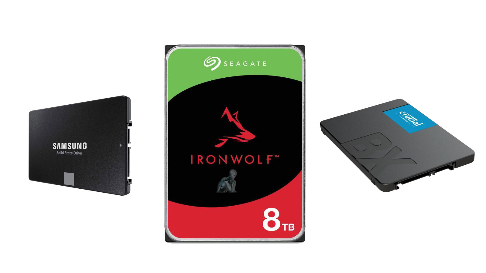 Three storage drives including a Seagate IronWolf 8TB hard drive, a Crucial SSD, and a Samsung SSD arranged for comparison and replacement use