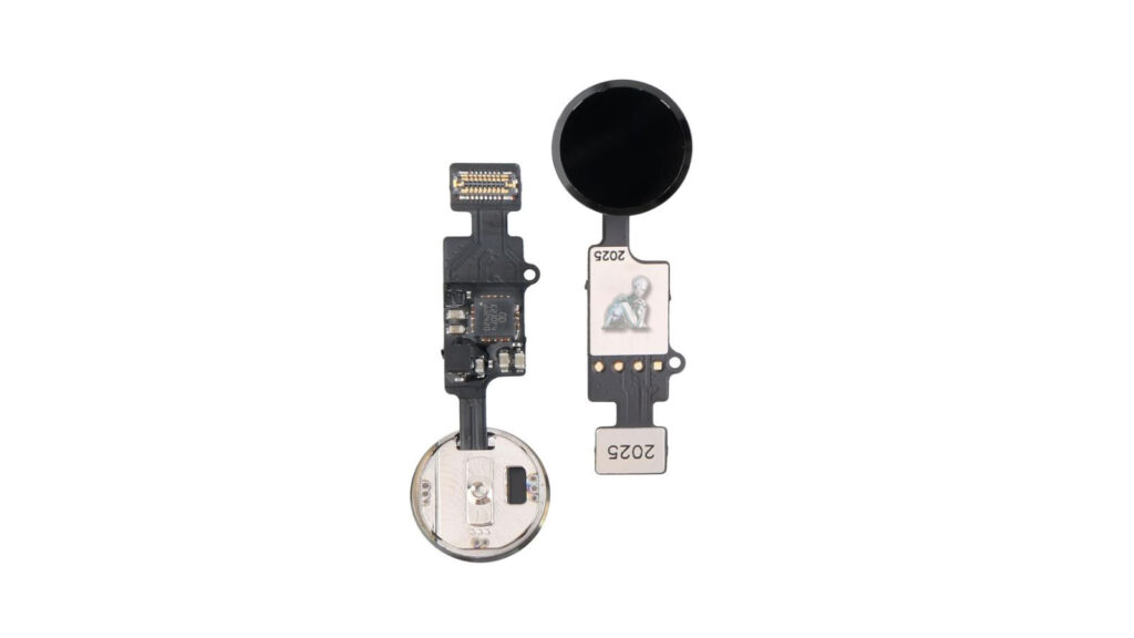 Replacement iPhone home button module with attached flex cable laid out on a work surface, showing contact points and connector strip for installation