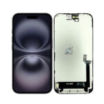 Brand new iPhone 16 LCD screen assembly with flex cables and connectors visible, positioned for installation outside the device housing