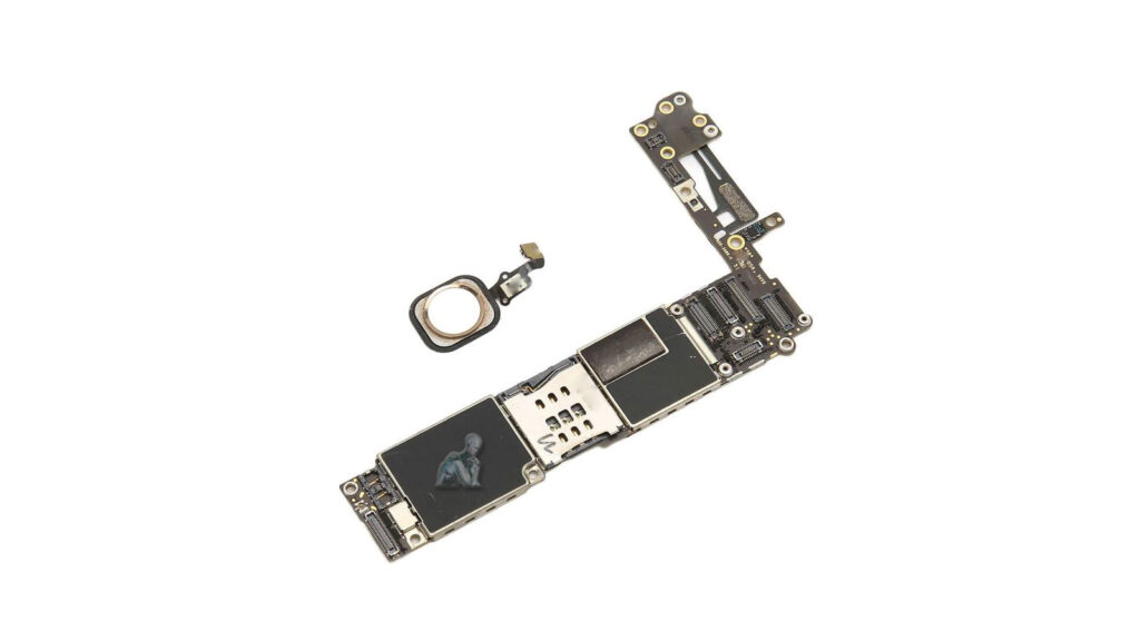Close-up of an iPhone motherboard being removed from the device housing with visible connectors, microchips, and layered circuit pathways exposed