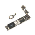 Close-up of an iPhone motherboard being removed from the device housing with visible connectors, microchips, and layered circuit pathways exposed