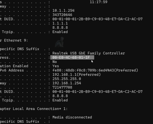 Windows CMD command prompt displaying network configuration details including IP address subnet mask default gateway and connected network interfaces