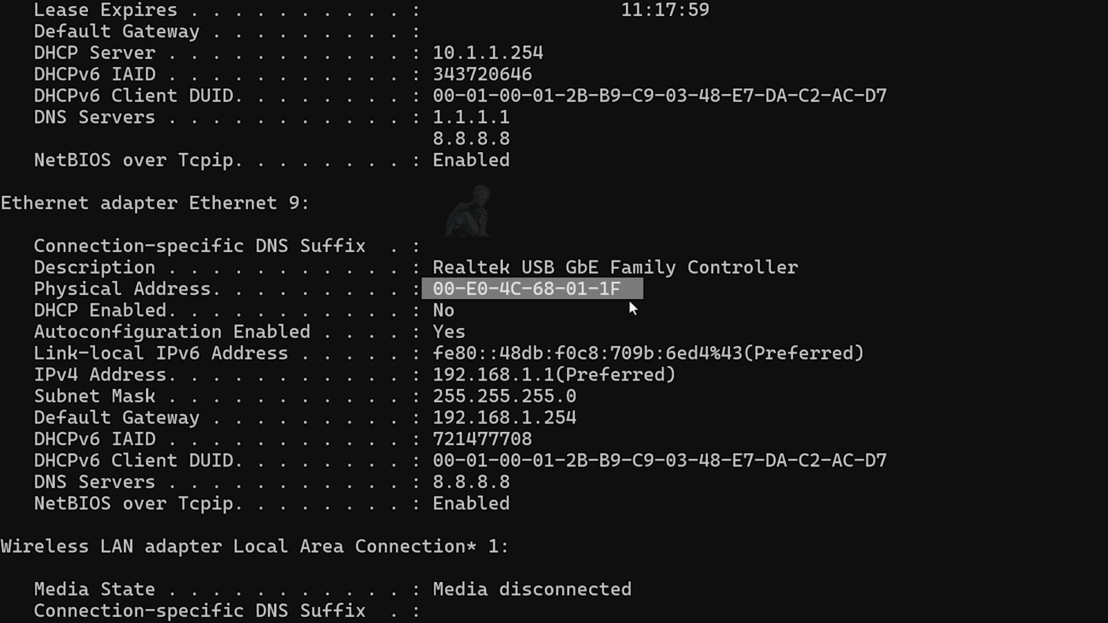 Windows CMD command prompt displaying network configuration details including IP address subnet mask default gateway and connected network interfaces
