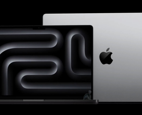Latest MacBook Pro shown from front and back with display and aluminum chassis design