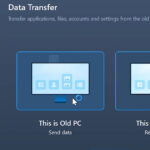 Software interface showing data transfer in progress from an older computer to a new system with files actively being migrated