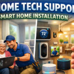 Technician performing in-home tech support and setting up smart home devices within a residential space