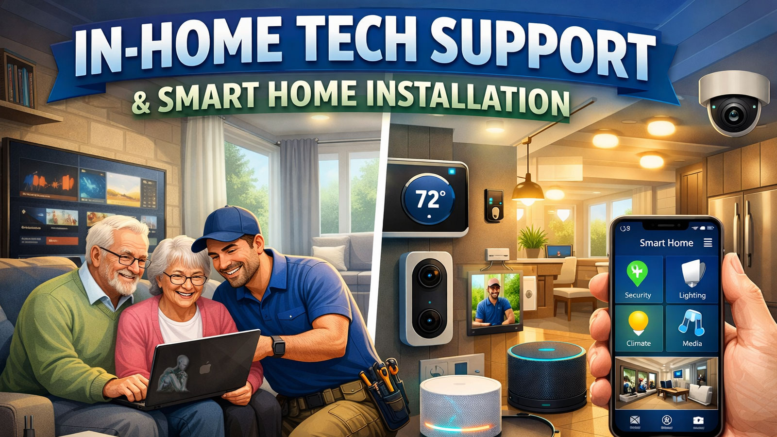 Technician performing in-home tech support and setting up smart home devices within a residential space