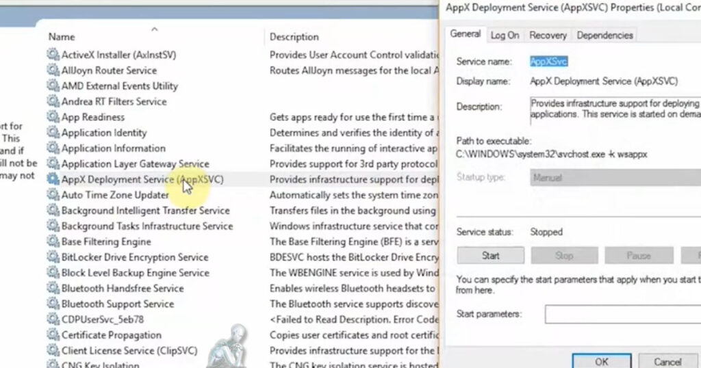Windows system interface showing services configuration and local computer properties being adjusted for deployment setup and system configuration
