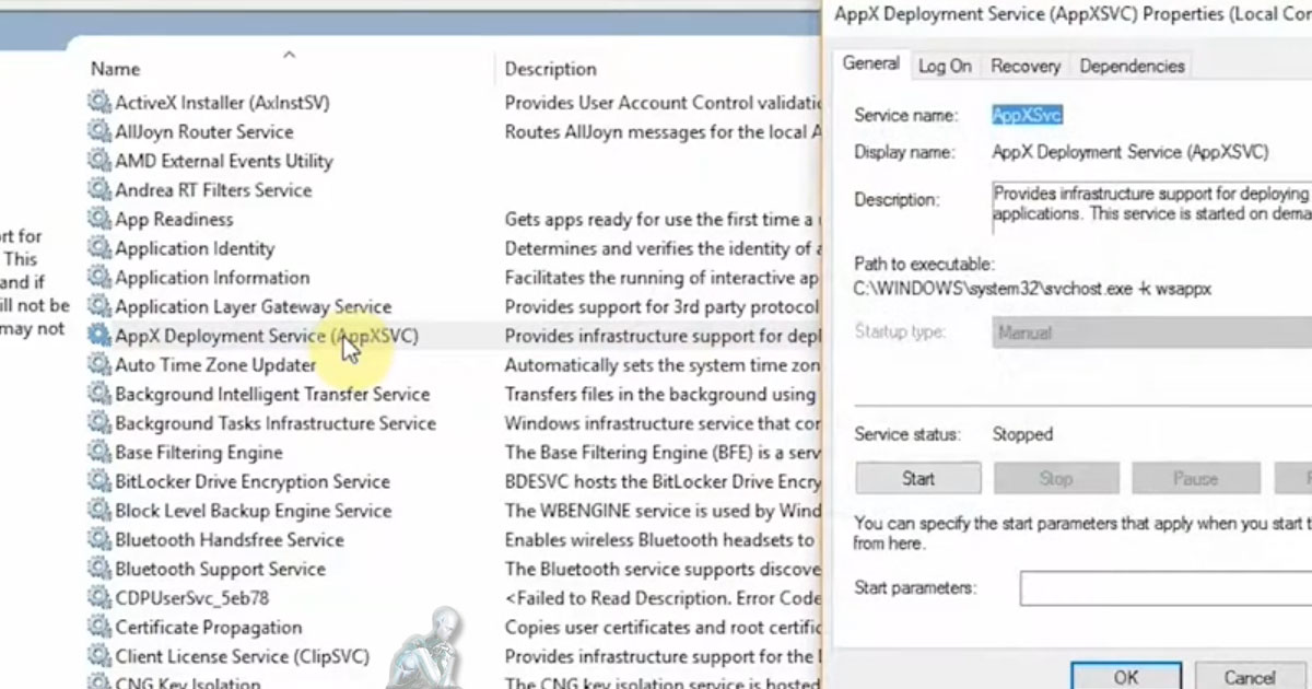 Windows system interface showing services configuration and local computer properties being adjusted for deployment setup and system configuration