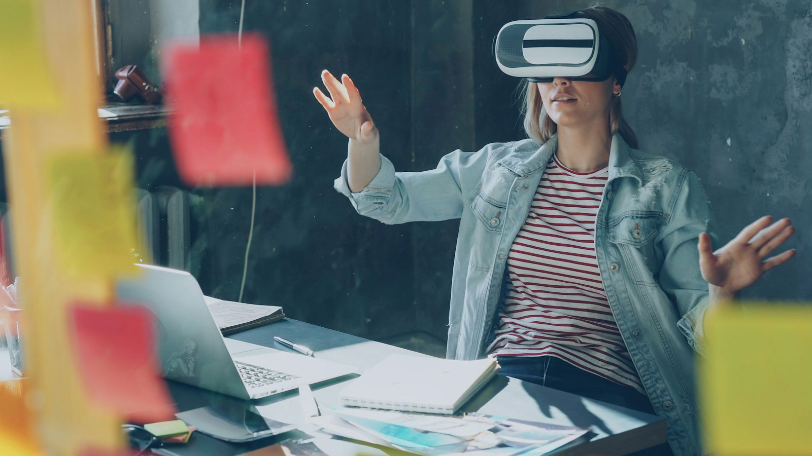 User interacting with virtual reality interface simulating AI diagnostics and digital environments