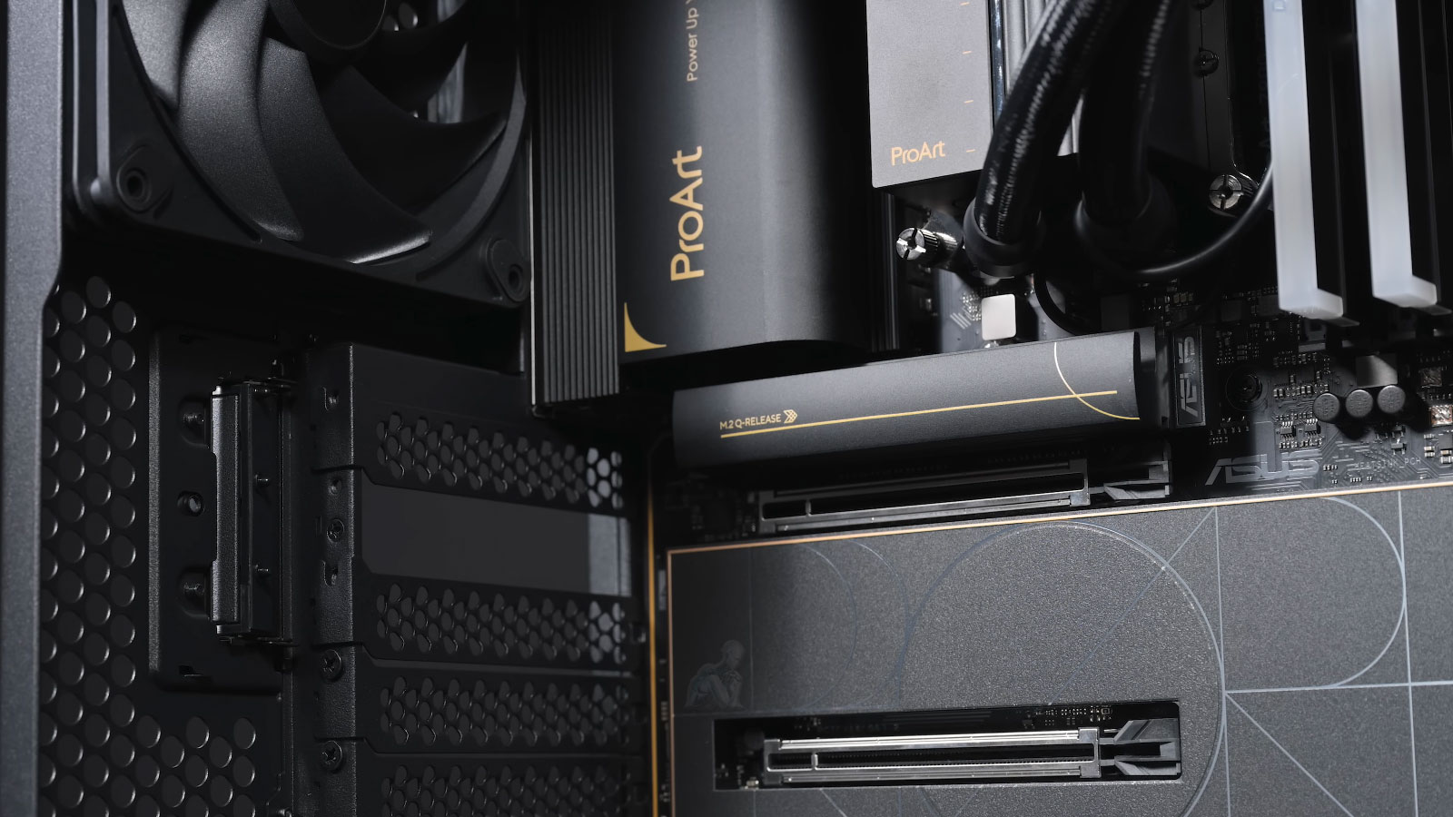 Custom-built gaming PC with multiple RGB fans, high-performance GPU, visible motherboard circuitry, cable routing, and vibrant internal lighting throughout the case