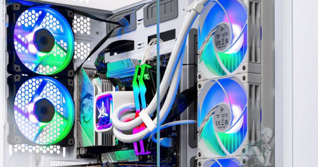 Custom-built gaming PC with multiple RGB fans, high-performance GPU, visible motherboard circuitry, cable routing, and vibrant internal lighting throughout the case