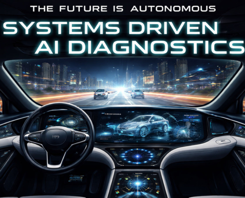Autonomous car on a highway using onboard sensors and cameras to detect nearby vehicles, track lane positioning, and process real-time driving conditions without a human driver