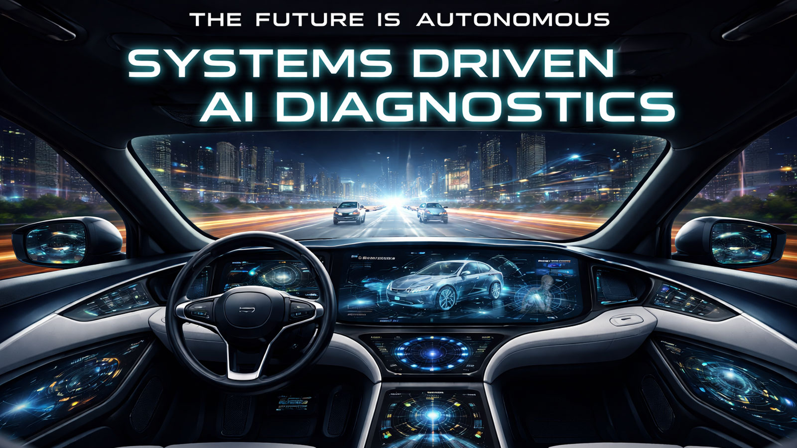 Autonomous car on a highway using onboard sensors and cameras to detect nearby vehicles, track lane positioning, and process real-time driving conditions without a human driver