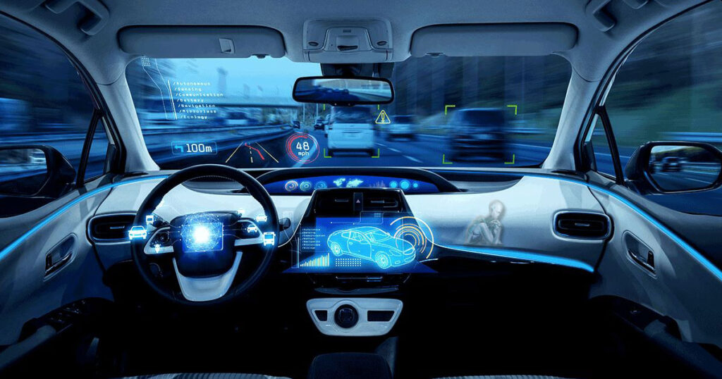 Autonomous car on a highway using onboard sensors and cameras to detect nearby vehicles, track lane positioning, and process real-time driving conditions without a human driver