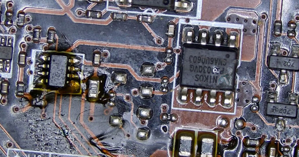 Circuit board with visible flux around integrated circuits during soldering and desoldering work, showing active component-level repair on a motherboard