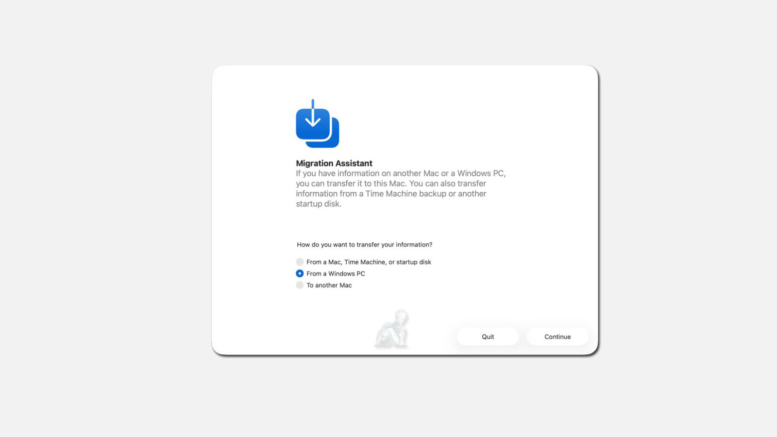 Migration Assistant open on MacBook Air showing data transfer setup