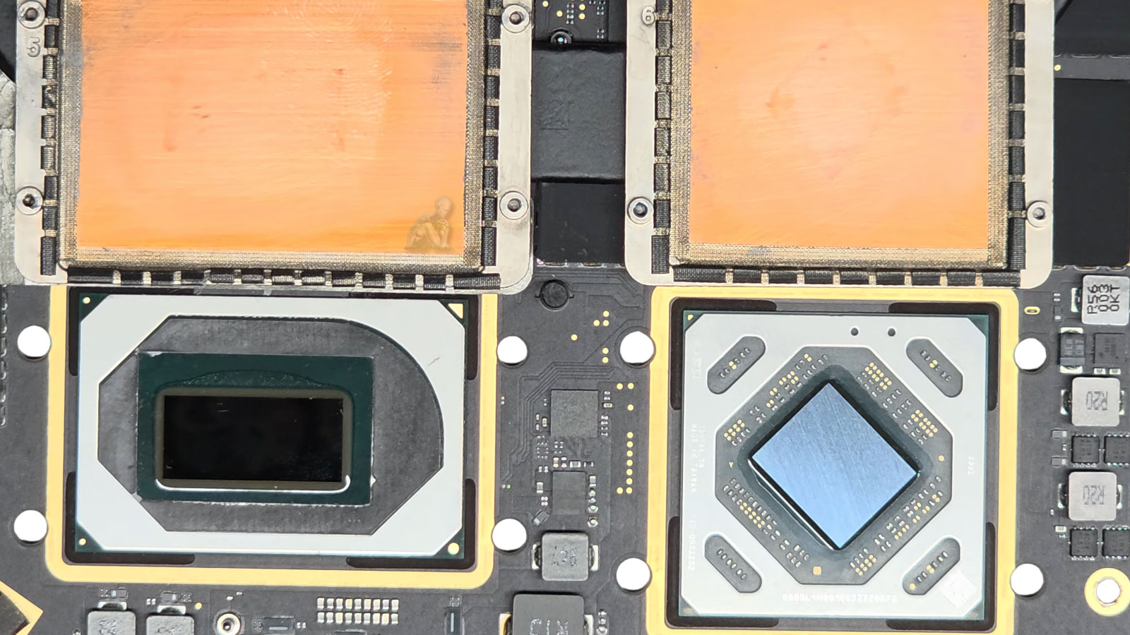MacBook Pro motherboard showing GPU chip used for graphics processing and repair diagnostics