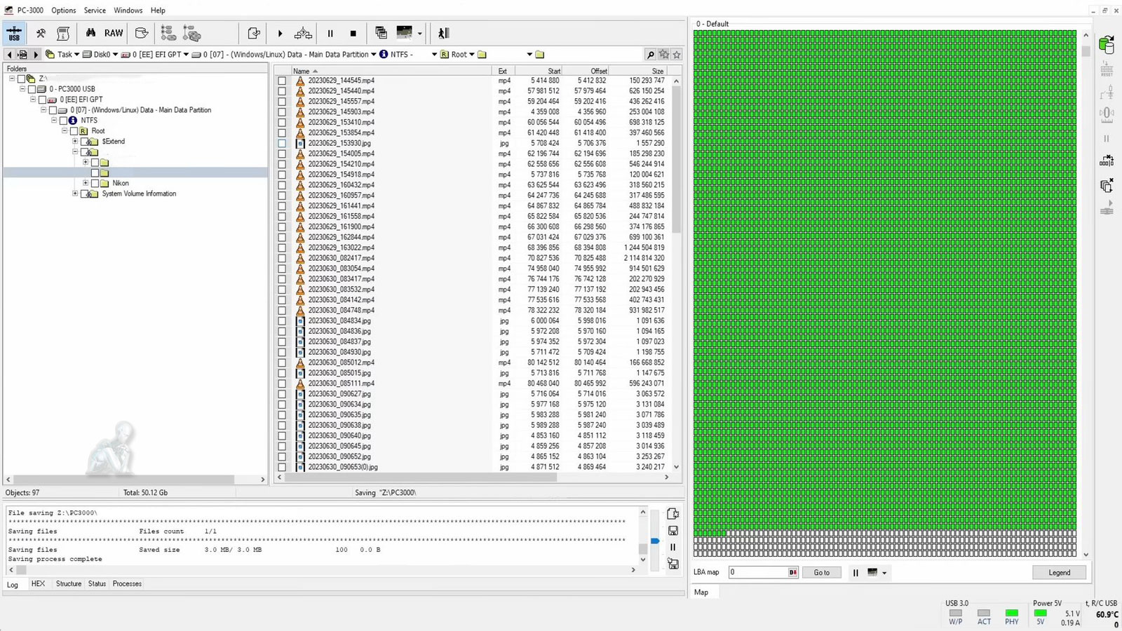 PC-3000 data recovery software actively recovering files from a laptop storage device