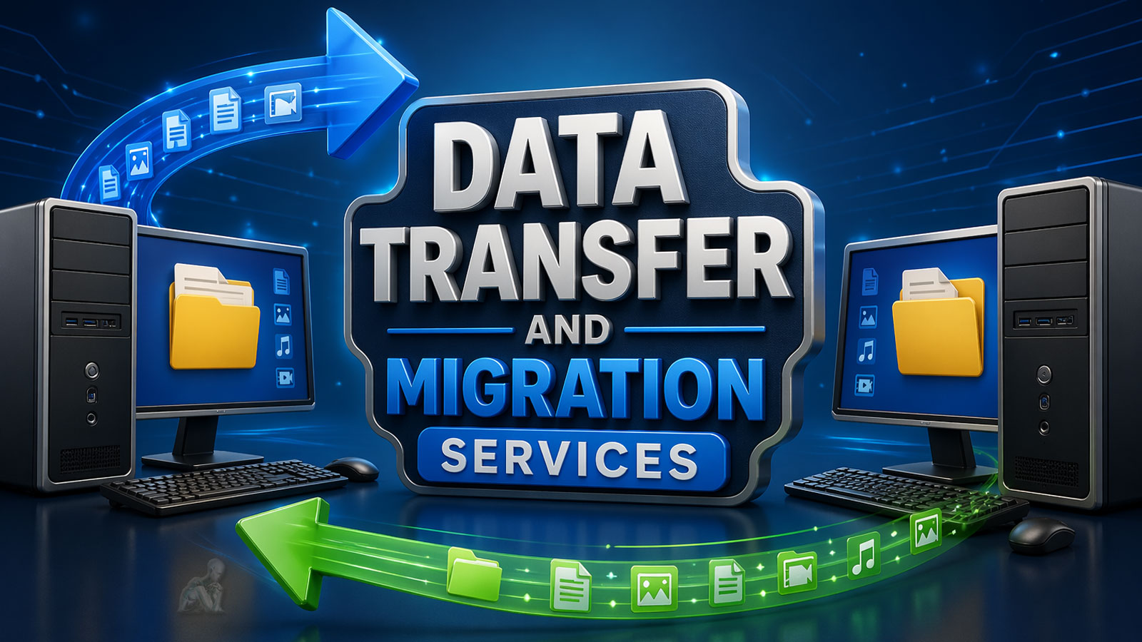 Desktop computers with arrows and folders illustrating data transfer and migration between systems