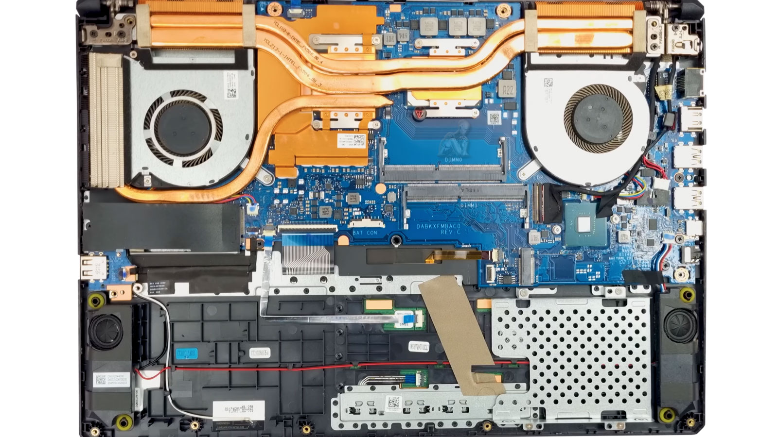 Gaming laptop opened with all internal components visible during diagnostic and repair