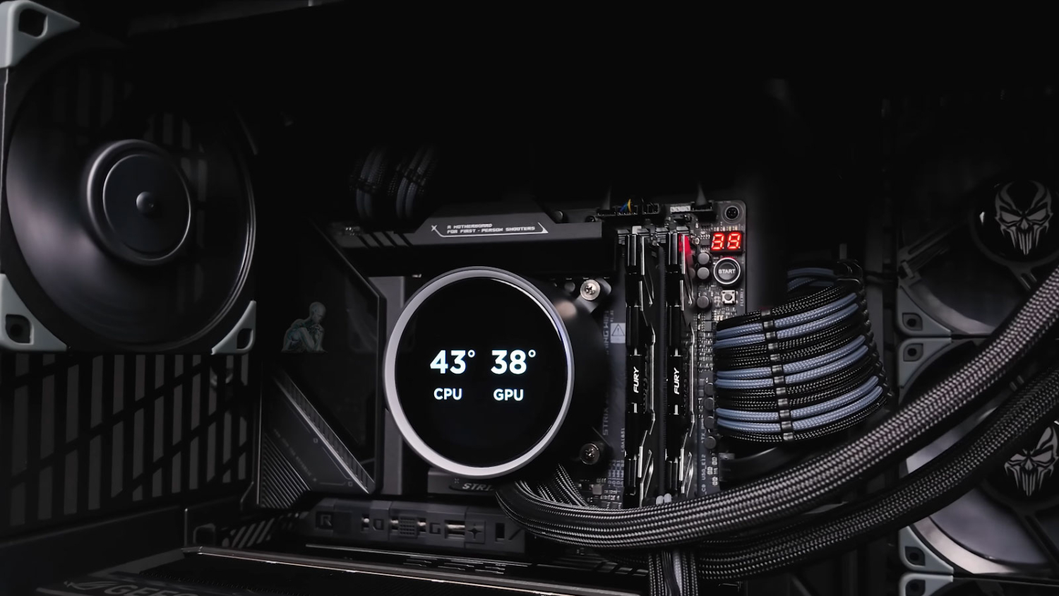 Open gaming PC with active cooling system, visible motherboard, and performance display during gaming PC services in Miami