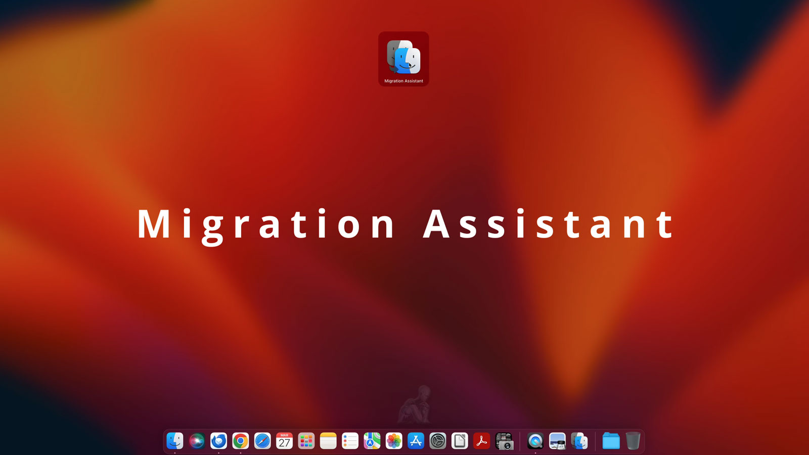 iMac screen displaying Migration Assistant during data transfer and system migration