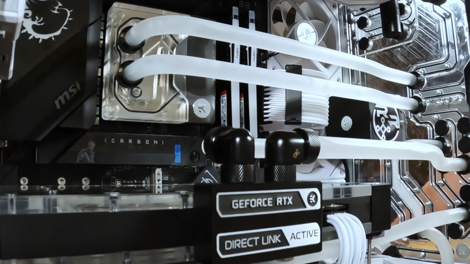 Gaming PC with MSI motherboard and hard tube liquid cooling system during gaming PC services in Miami
