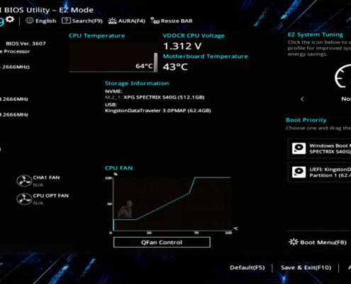 TUF Gaming UEFI BIOS interface showing system configuration and boot settings before Windows starts.