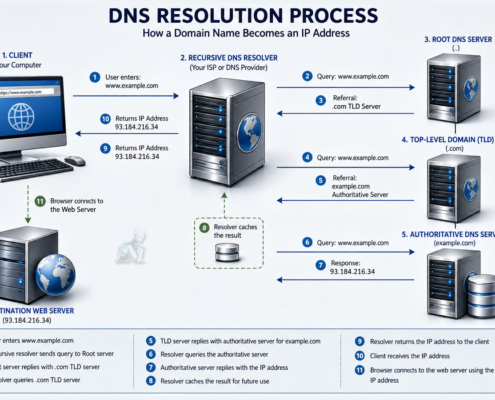 DNS resolution process showing a computer communicating with a recursive resolver, root server, TLD server, authoritative DNS server, and destination web server.