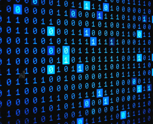 Binary data with individual zeros and ones highlighted to illustrate memory bit errors corrected by ECC memory.